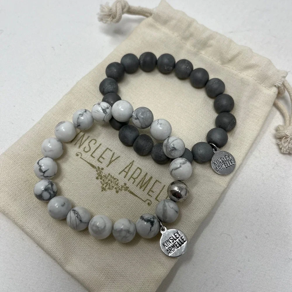Kinsley Armelle Beaded Stretch Bracelet Set Howlite Gray Druzy 2pc w/ Tin Pouch